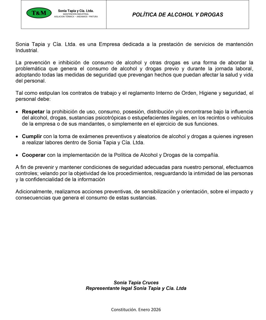 POLITICA DE ALCOHOL Y DROGAS 2026