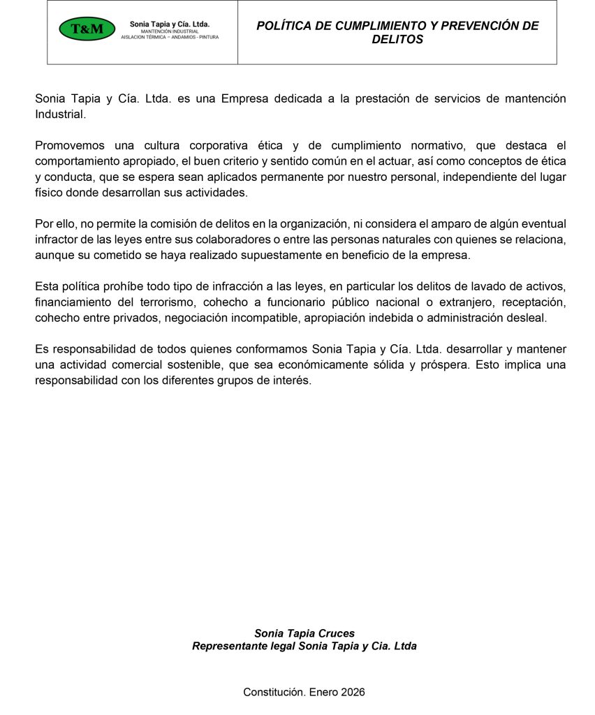 POLITICA DE CUMPLIMIENTO Y PREVENCION DE DELITOS 2026