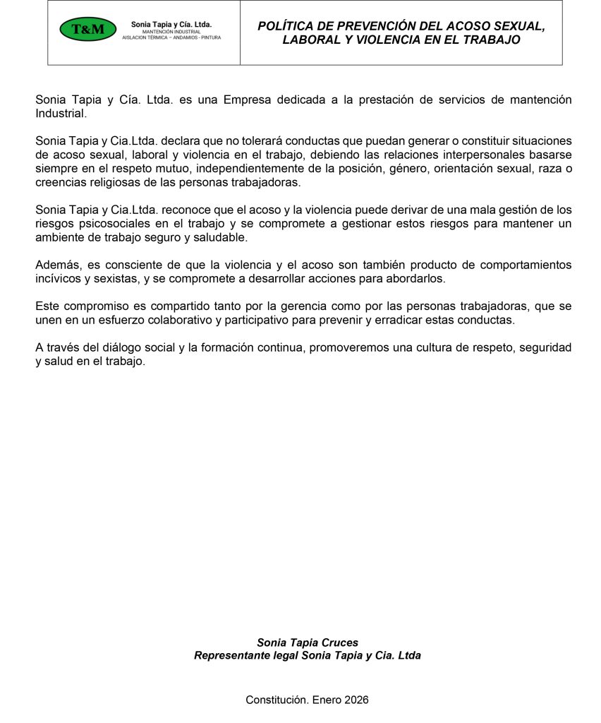 POLITICA DE PREVENCION DEL ACOSO SEXUAL, LABORAL Y VIOLENCIA EN EL TRABAJO 2026